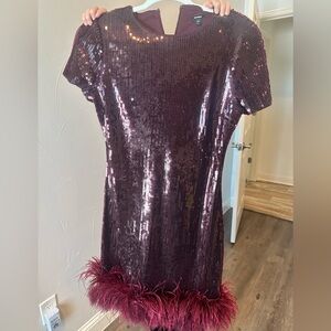 Sequin Dress with Feather Hem